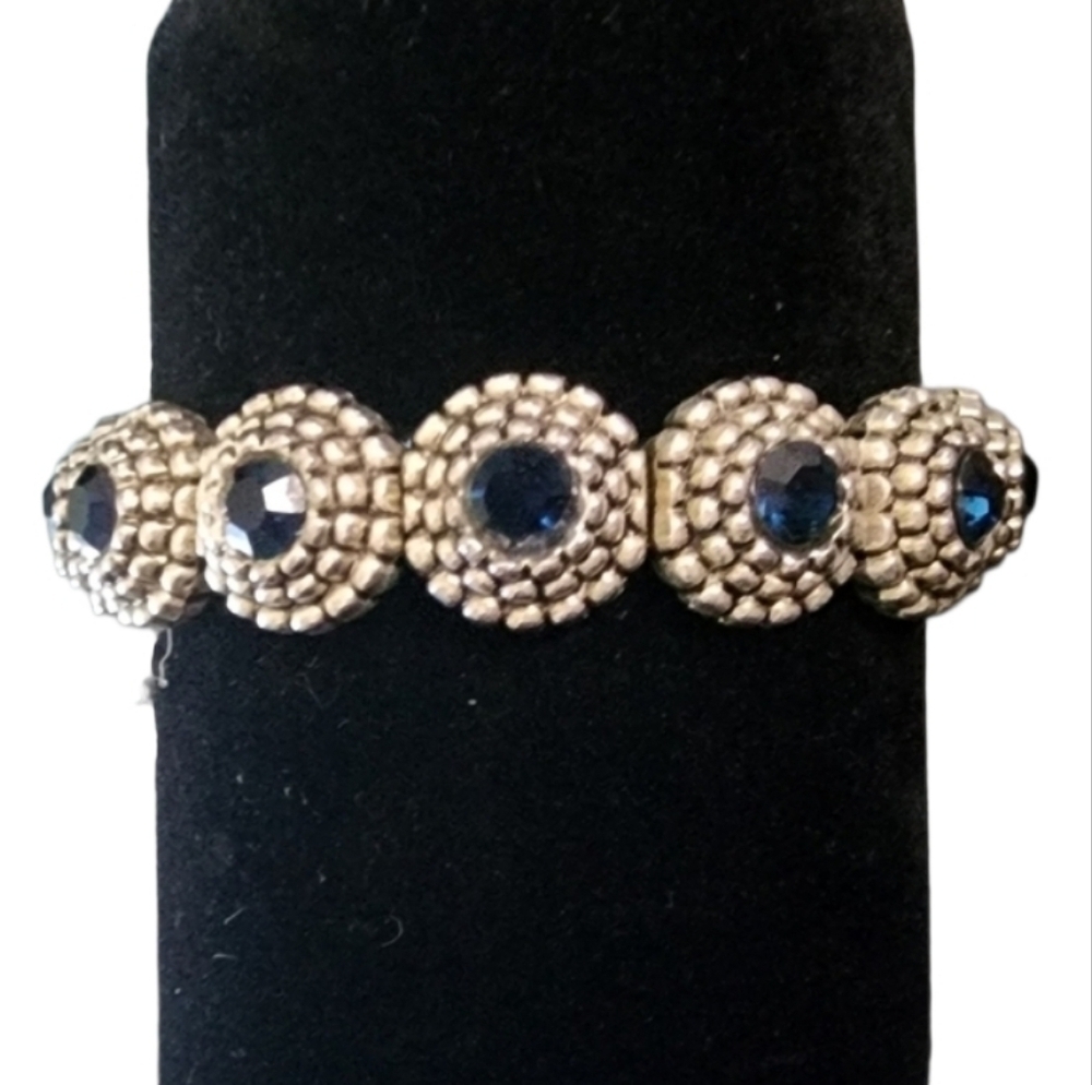 Silvertone and Blue Gemstone Stretch Bracelet with Circular Design